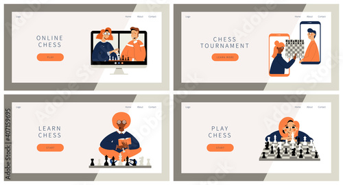 Play chess set of landing pages. Two people plays chess online from computer and smartphones. Girl sitting cross legs with chessboard, figures and book. Girl sitting with chessboard and chess figures.
