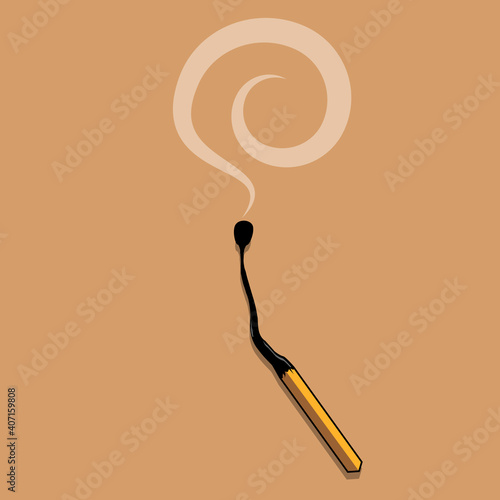Smoldering match with escaping smoke on brown background