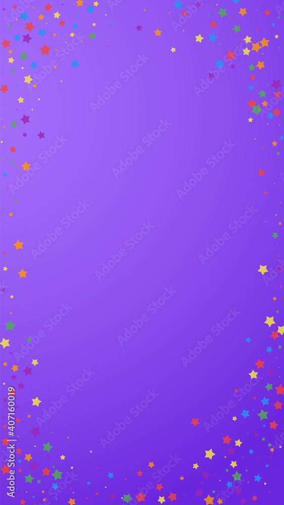 Festive overwhelming confetti. Celebration stars. Joyous stars on violet background. Favorable festive overlay template. Vertical vector background.
