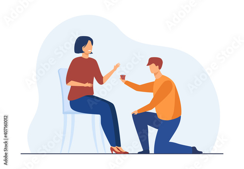 Man kneeling on one knee and giving little present to woman. Boyfriend propose girlfriend. Flat vector illustration. Special date, engagement concept for banner, website design or landing web page