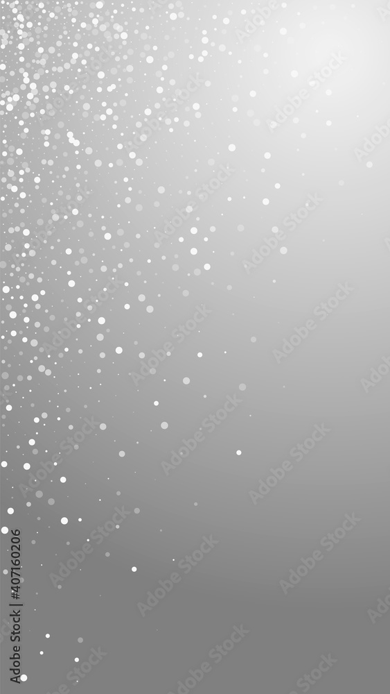Random white dots Christmas background. Subtle flying snow flakes and stars on grey background. Adorable winter silver snowflake overlay template. Juicy vertical illustration.