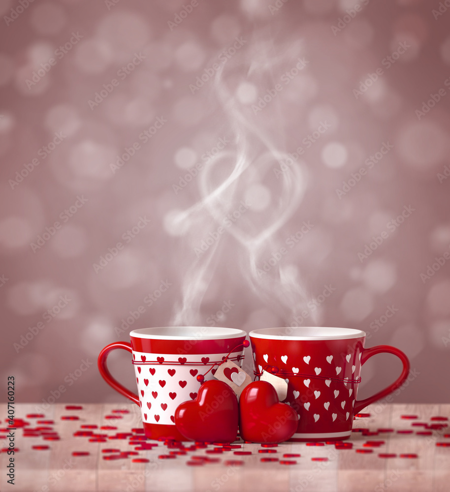 Festive background, Valentine's Day, two cups, hearts, romantic mood, pastel light colors, 3D rendering Festive background, Valentine's Day, two cups, hearts, romantic mood, pastel light colors, 3D rendering