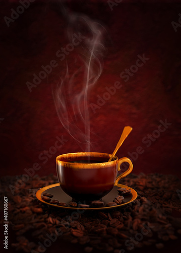 Dark background. Shiny brown hot cup of coffee, thrown beans, golden spoon, soft focus, place for text, 3d rendering