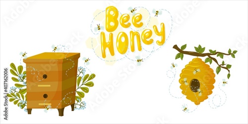A set of hives with honey and bees around. natural bee honey drawn in cartoon style vector illustration isolated on white background