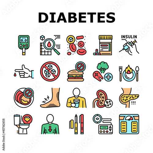 Diabetes Treatment Collection Icons Set Vector. Blood Sugar Measurement And Control, Insulin Syringe And Pills, Eat Healthy Food And Drink Water Concept Linear Pictograms. Contour Color Illustrations