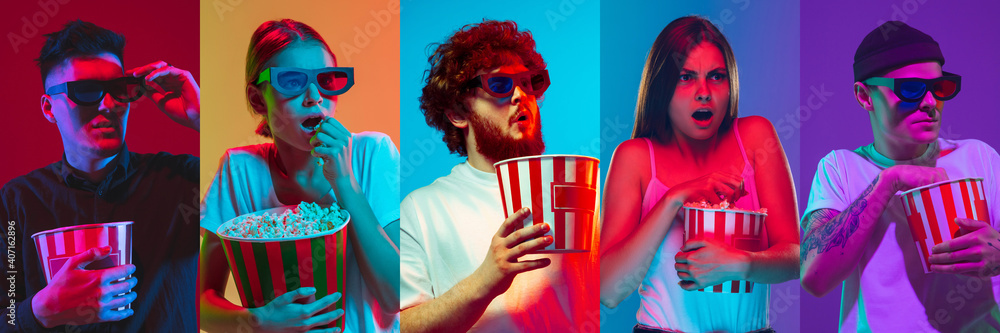 Collage of portraits of young emotional people on multicolored background in neon. Concept of human emotions, facial expression, sales. Watching cinema with 3D eyewear and popcorn. Flyer for ad, offer - obrazy, fototapety, plakaty 