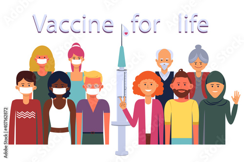 The coronovirus vaccine against the background of unvaccinated people wearing masks and happy vaccinated people exempt from wearing masks.