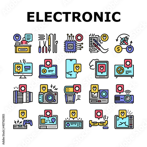 Electronic Repair Collection Icons Set Vector. Photo And Video Camera, Computer Chip And Screen, Phone And Tablet Fixing With Repair Tools Concept Linear Pictograms. Contour Color Illustrations