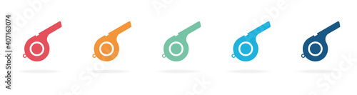 Set of whistle icon. Flat color collection of whistle vector icons. Referee whistle icon.