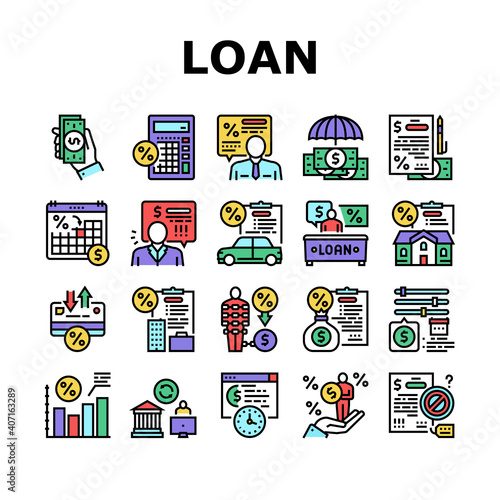 Loan Financial Credit Collection Icons Set Vector. Loan For Buy Car And House Mortgage, For Business Or Investment, Calculating Percent Concept Linear Pictograms. Contour Color Illustrations