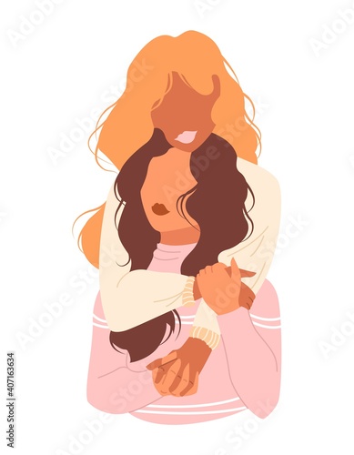Two young women hug each other, concept friendship. Lesbian interracial couple. Girls with homosexual orientation. LGBT female same sex in romantic moment. Happy girlfriends. Vector stock illustration
