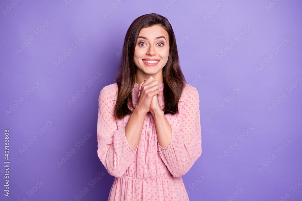 Portrait of pretty young girl toothy smile folded arms palms wear vintage outfit isolated on violet color background Portrait of pretty young girl toothy smile folded arms palms wear vintage outfit isolated on violet color background