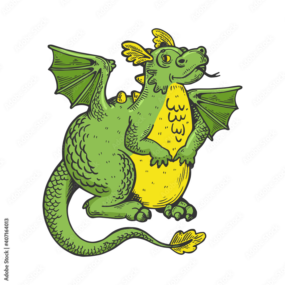 Fototapeta premium Cartoon dragon engraving raster illustration