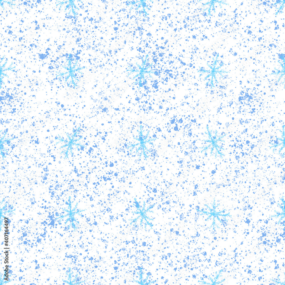 Hand Drawn blue Snowflakes Christmas Seamless Pattern. Subtle Flying Snow Flakes on white Background. Dazzling chalk handdrawn snow overlay. Admirable holiday season decoration.