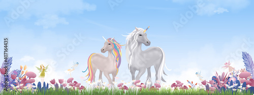 Cartoon landscape of spring with unicorn and cute little fairies flying on wild grass flower, Background Summer fields with family horse walking on green meadow on sunny day.