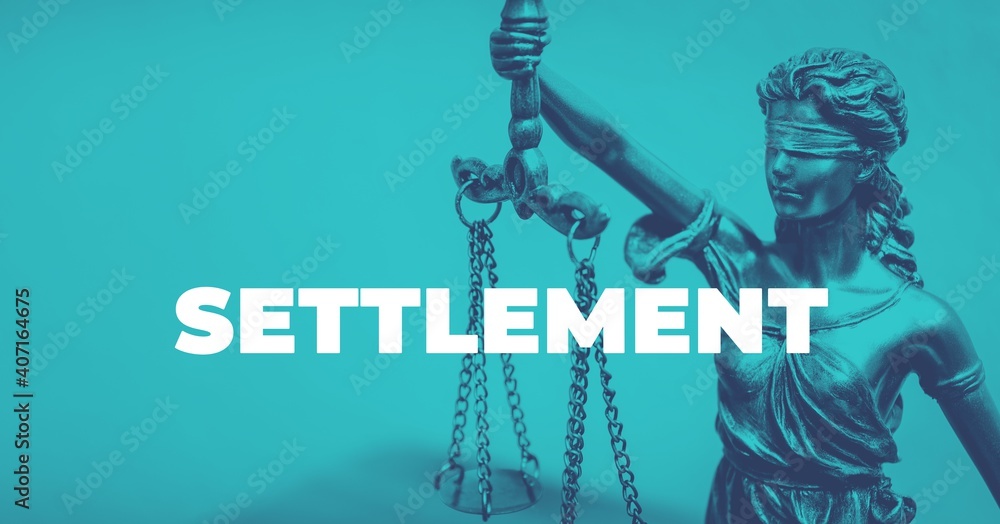 Naklejka premium Settlement. Close-up of a Lady Justice Statue. Duotone blue with white text. Law and lawyer symbol.