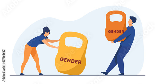 Gender discrimination and inequality. Man and woman lifting kettlebells of different weight. Flat vector illustration. Inequality, injustice concept for banner, website design or landing web page