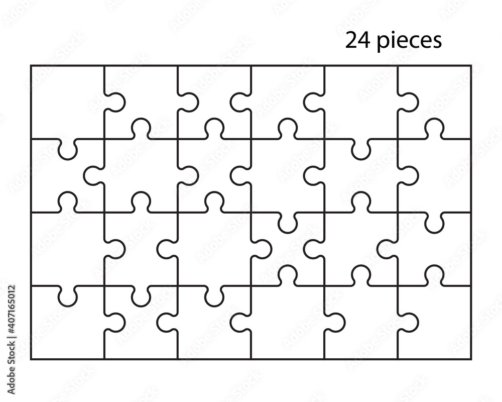 Puzzles grid. Jigsaw puzzle 24 pieces, thinking game and 6x4 jigsaws detail  frame Stock Vector