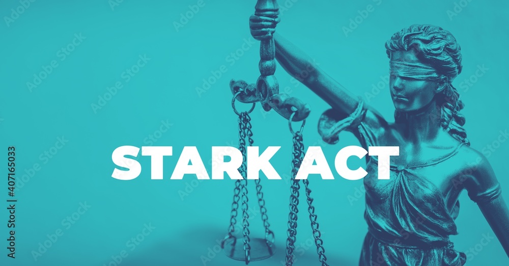 Naklejka premium Stark Act. Close-up of a Lady Justice Statue. Duotone blue with white text. Law and lawyer symbol.