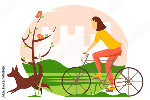 Girl riding a bicycle in the park with a dog. Spring vector illustration in flat style.
