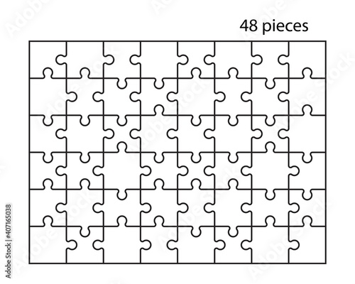 Puzzles grid. Jigsaw puzzle 48 pieces, thinking game and 6x8 jigsaws detail frame