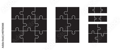 Black puzzles grid. Jigsaw puzzle 9, 6, 4 and 3 pieces
