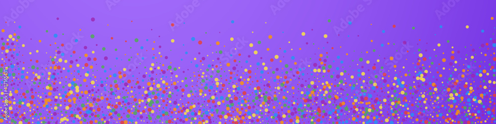 Festive resplendent confetti. Celebration stars. Rainbow confetti on violet background. Adorable festive overlay template. Panoramic vector background.