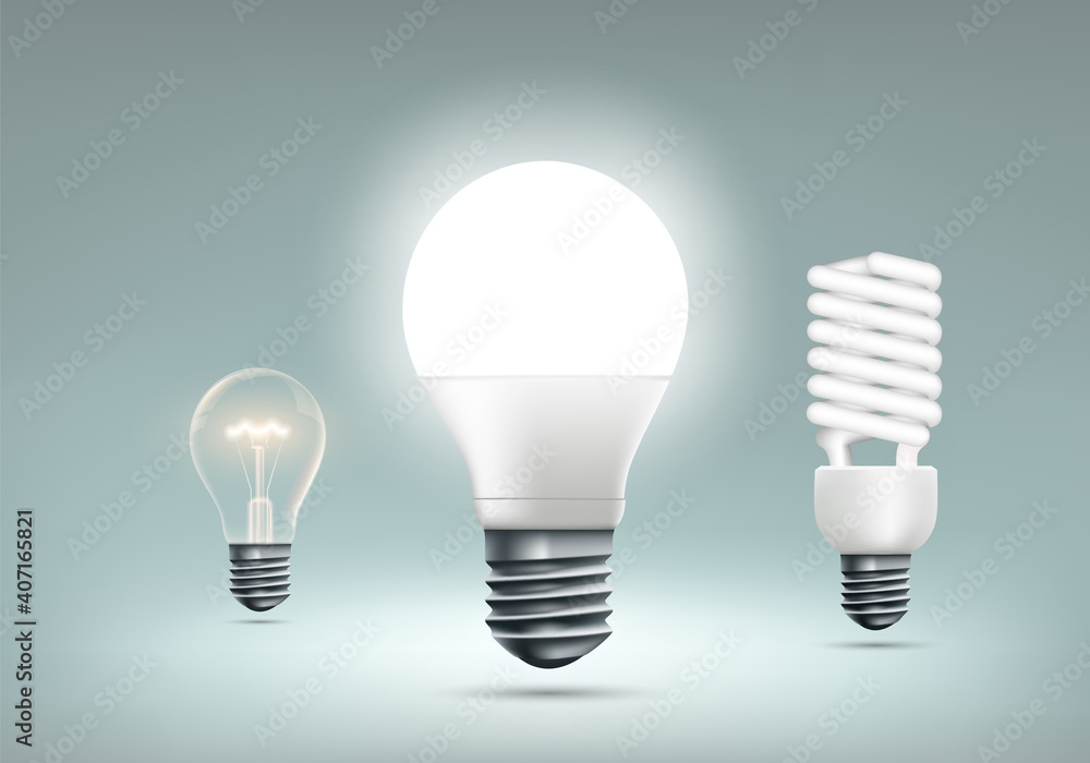 LED, incandescent and energy saving light bulbs