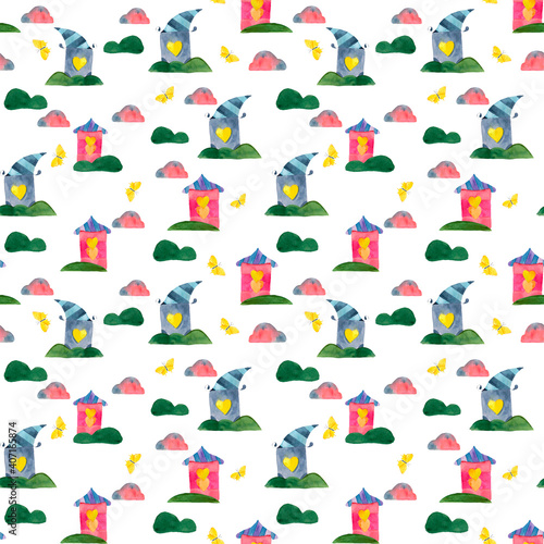 Seamless watercolor pattern with cute houses and trees. For the design of covers, postcards, invitations, fabric, clothing, digital paper, scrapbooking and more.