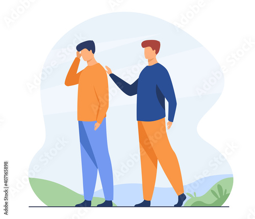 Man giving comfort to upset friend. Patting shoulder, support, friendship. Flat vector illustration. Empathy, help, compassion concept for banner, website design or landing web page