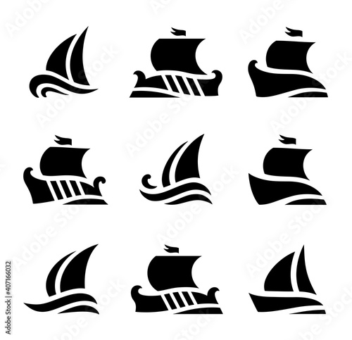 set icons of historic sailboats in sea