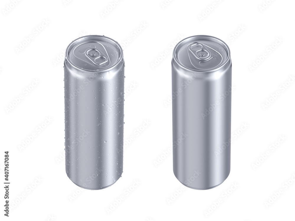 Realistic aluminum cans with water drop isolated on white background, 3D rendering