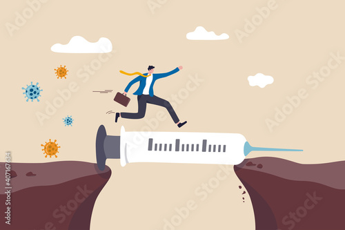 COVID-19 vaccine solution to economic recovery, immunity to continue business and get pass pandemic problem concept, businessman walk on vaccine syringe as bridge to next cliff with virus pathogen.
