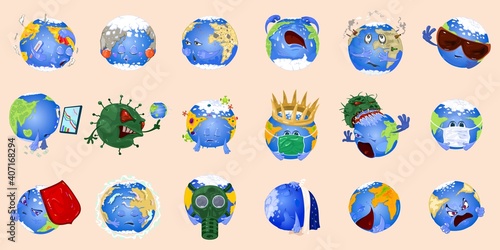 Collection of planet earth suffer from illness, infection, war, damage, crisis and fires. Vector planet experience different emotions from people actions. Help planet idea isolated on beige background