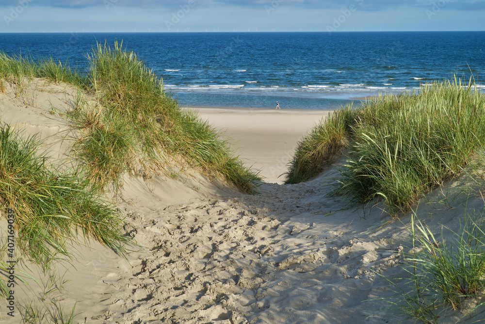 footprints on a path in the sand dunes of the north sea coast in scenic morning sunlight with blue sky - location: Vejers Strand, Denmark