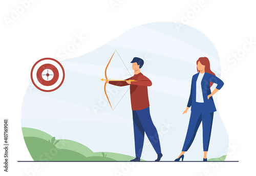 Business people focused on goal. Colleagues with archery aiming at target. Flat vector illustration. Marketing, achievement, bullseye concept for banner, website design or landing web page