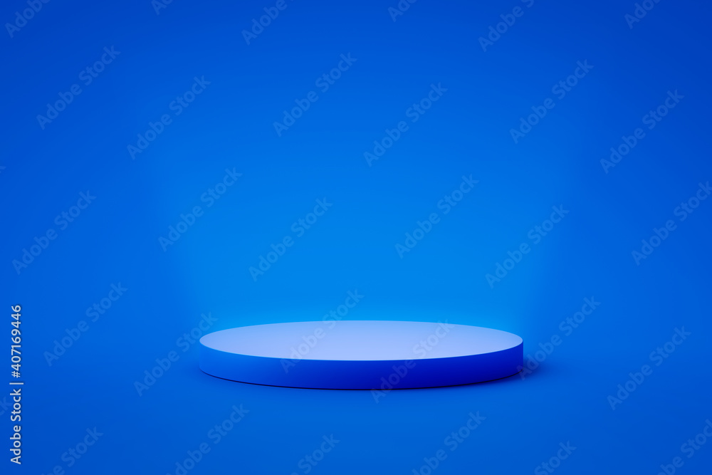 Blue product background stand or podium pedestal on advertising display with blank backdrops. 3D rendering. Blue product background stand or podium pedestal on advertising display with blank backdrops. 3D rendering.