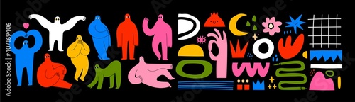 Set of Hand drawn various Shapes and Doodle objects and People silhouettes. Abstract contemporary modern trendy Vector illustrations. Colorful palette. All elements are isolated