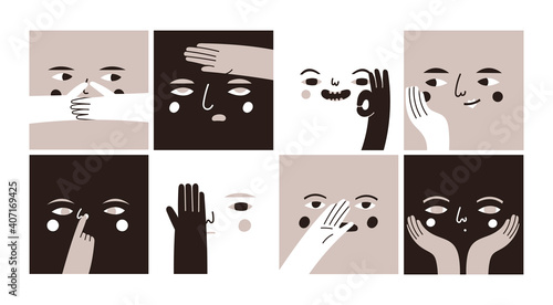 Square abstract comic Faces with various Emotions and hand gestures. Different dark characters. Cartoon style. Flat design. Hand drawn trendy Vector illustration. Every face is isolated