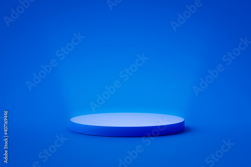 Blue product background stand or podium pedestal on advertising display with blank backdrops. 3D rendering.