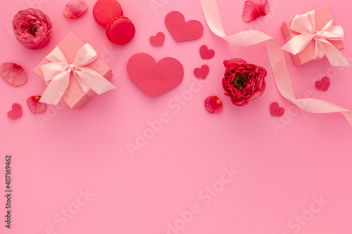 Valentine's day, birthday and holiday concept. Gift pink box with ribbon and rose, valentine's day, mother's day and birthday concept © PhotoOlivia