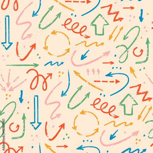 Various Doodle Arrows. Direction pointers. Different shapes. Straight, curly, twisted, dotted and round. Brush stroke style. Grunge texture. Hand drawn Vector Seamless Pattern. Square wallpaper