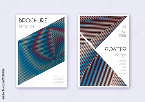 Triangle cover design template set. Red white blue abstract lines on dark background. Immaculate cover design. Divine catalog, poster, book template etc.