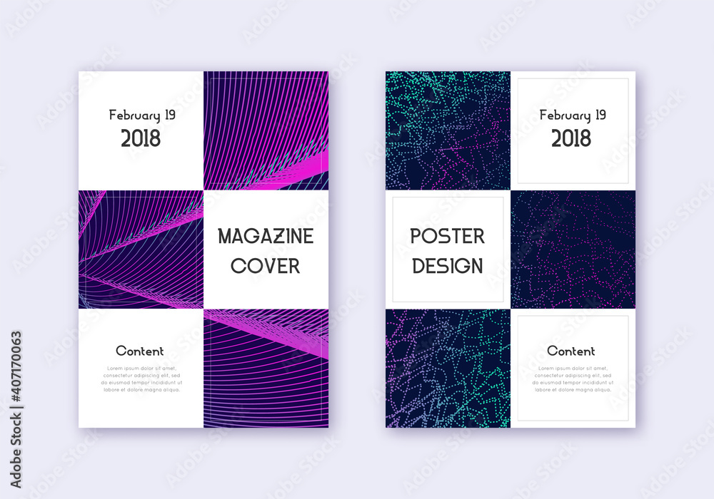 Business cover design template set. Neon abstract lines on dark blue background. Authentic cover design. Majestic catalog, poster, book template etc.