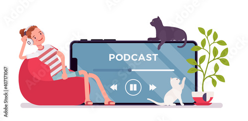 Young woman enjoys listening podcasts played through smartphone in headphones. Girl sitting at giant phone screen, using device app. Vector flat style cartoon illustration isolated, white background