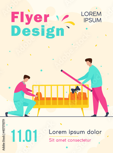Handymen installing child cot in room. Assembly, tool, worker flat vector illustration. Furniture and childbirth concept for banner, website design or landing web page