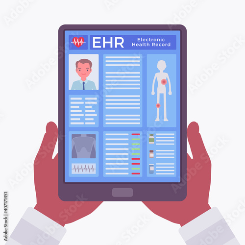 Electronic health record, EHR digital patient chart, tablet in hands. Screen with medical history, diagnoses, treatment plans, images, laboratory test results. Vector flat style cartoon illustration