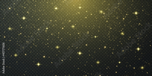 Christmas background. Powder dust light PNG. Magic shining gold dust. Fine  shiny dust bokeh particles fall off slightly. Fantastic shimmer effect. Vector illustrator. 