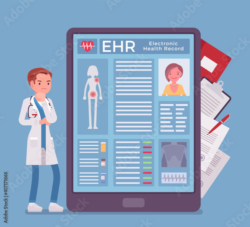 Electronic health record, EHR digital patient tablet chart, male doctor. New technology to replace paper clinical data, medical treatment history application. Vector flat style cartoon illustration
