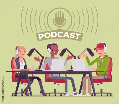 Podcast recording of audio discussion, program of talk. Young happy people enjoy doing interviews, making digital record with computer, microphone, headphones Vector flat style cartoon illustration
